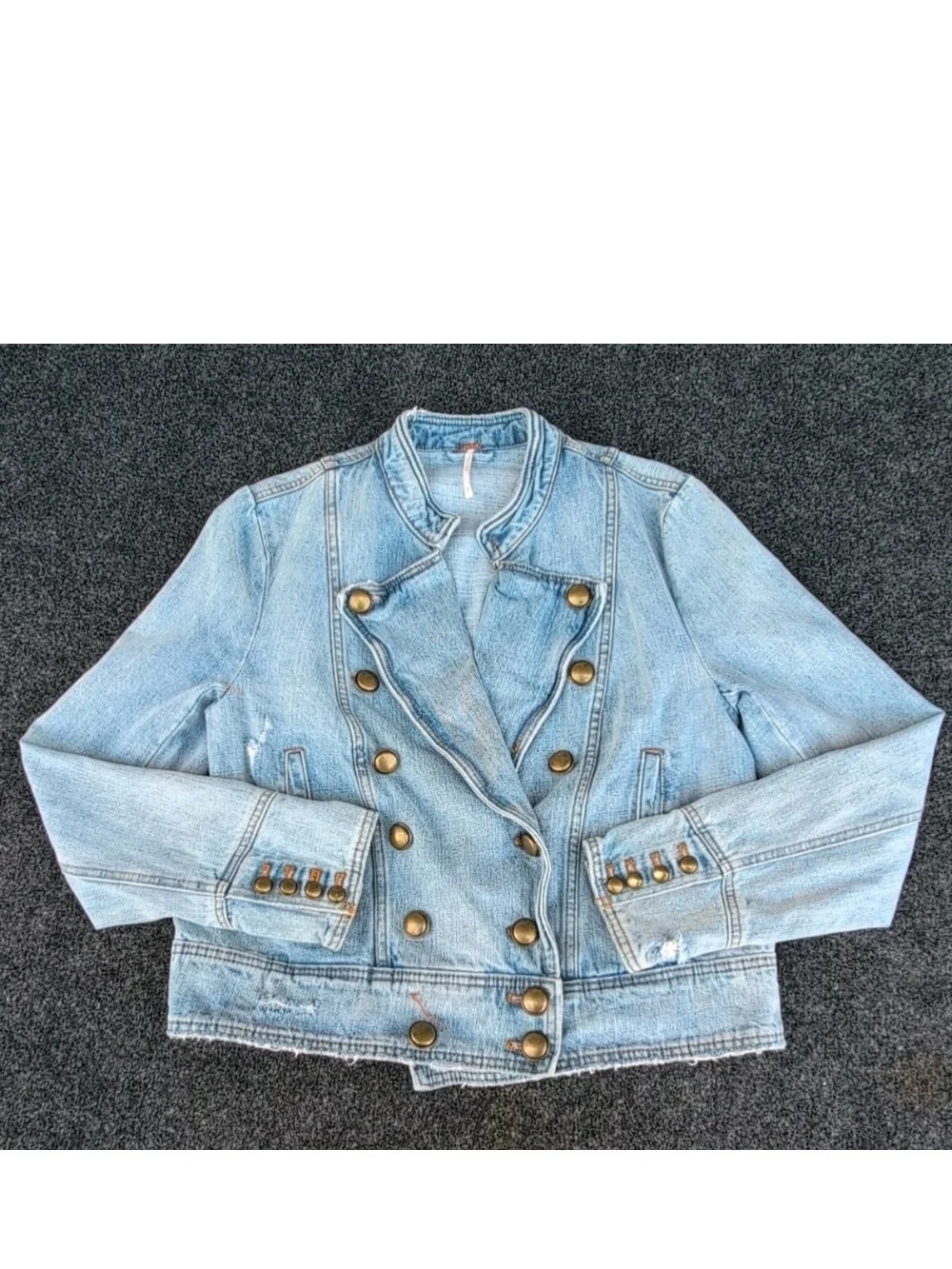 Free People Denim Jacket Womens Medium Blue Ferry Frayed Jean Military Motto